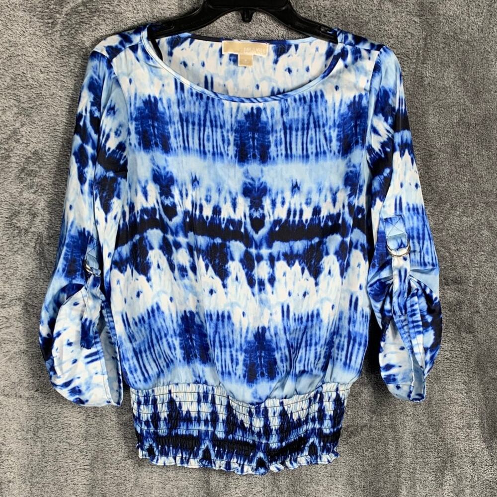 Michael Kors Top Womens Small Blue Roll Tab Smocked Elastic Waist Office Travel